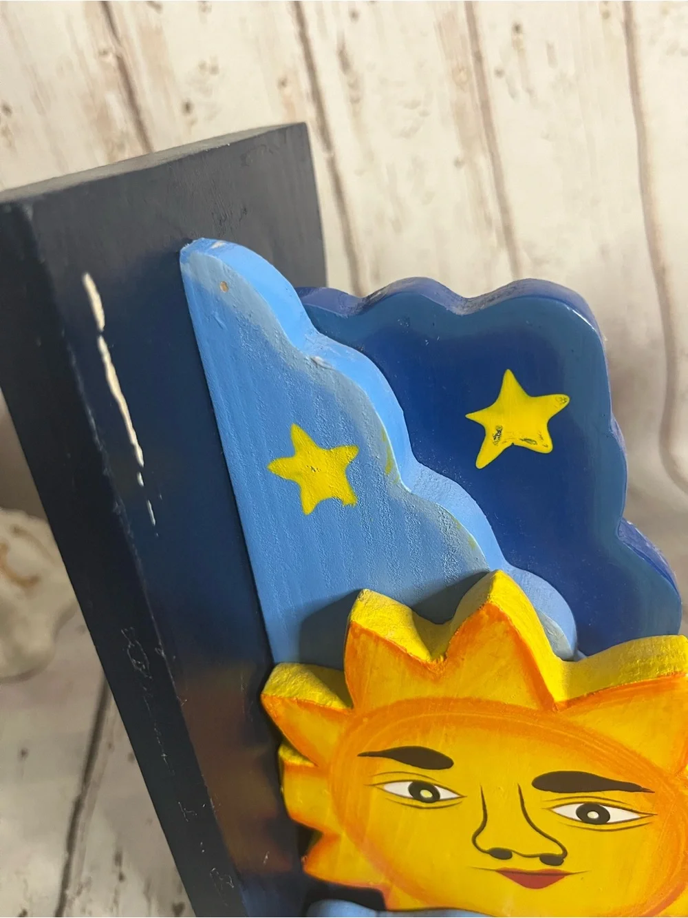 Vintage Celestial Folk Art Hand Painted Sun & Star Wood Bookends